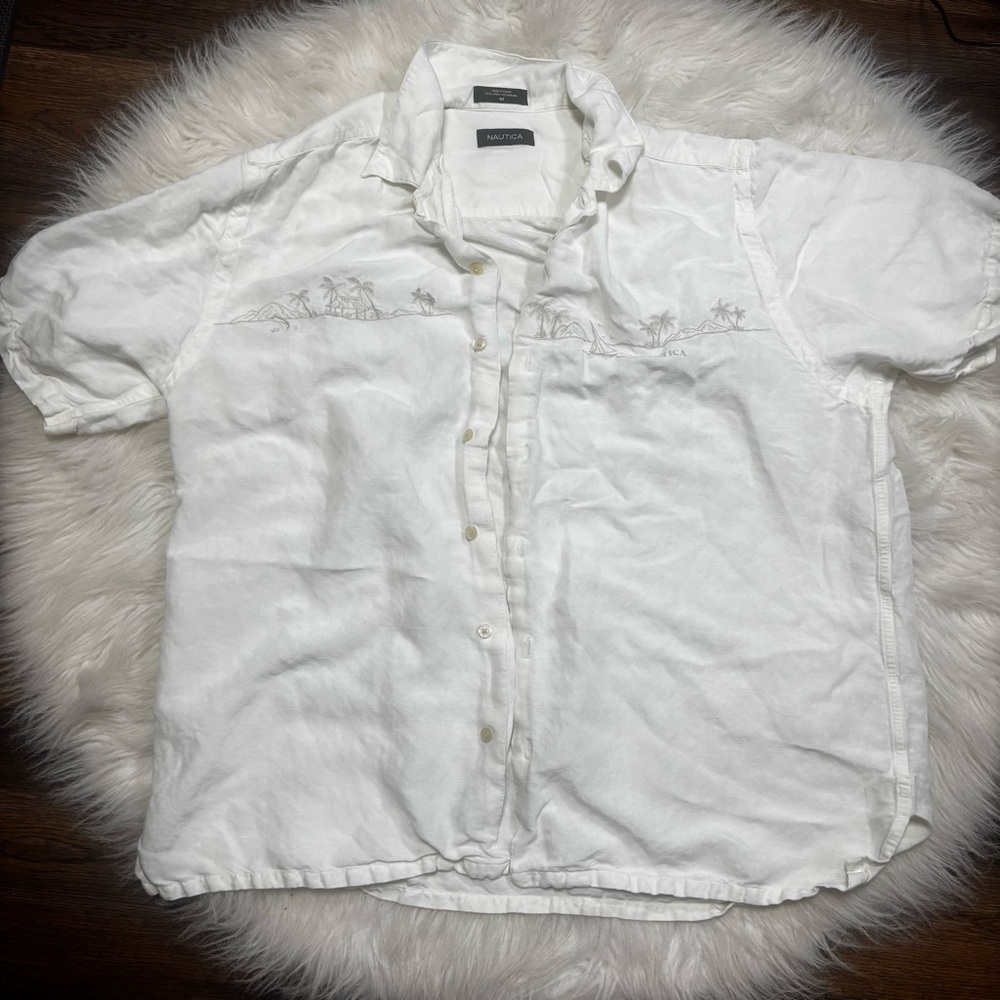 Nautica Linen Blend White Button Up Embroidered Shirt size Medium